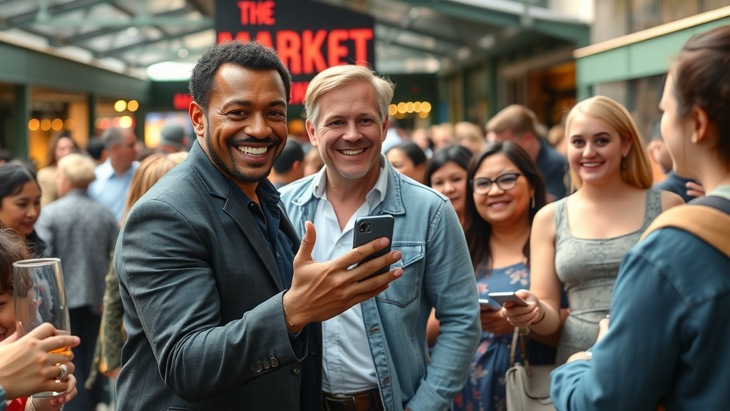 Famous celebrity meeting fans at Ponce City Market, iconic instagrammable spot in Atlanta, with bustling market stalls