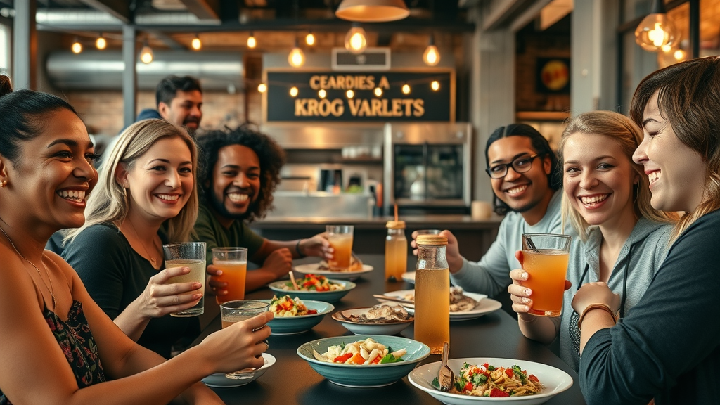 Diverse diners at Krog Street Market, sharing creative local dishes and drinks near Inman Park