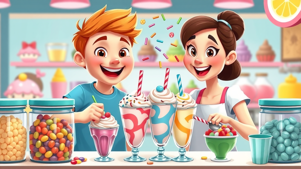 Milkshake bar Atlanta with colorful ice cream mix-in bar and candy toppings, kids and adults making custom shakes