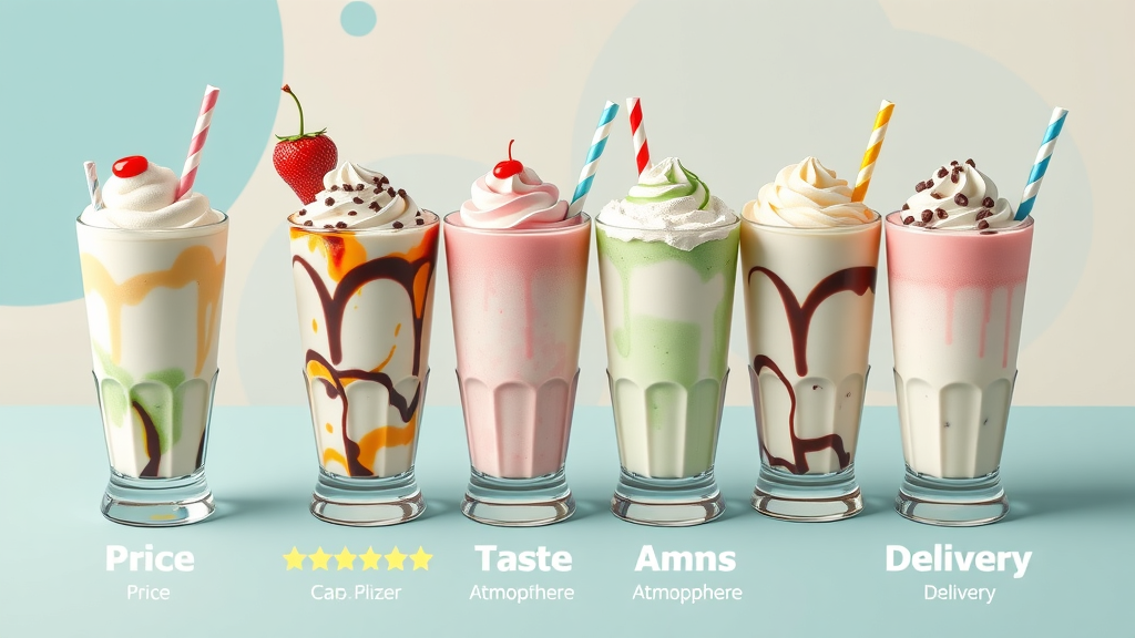 Comparison table infographic for best milkskake in Atlanta, GA across top shake bars, focus on taste, price, delivery