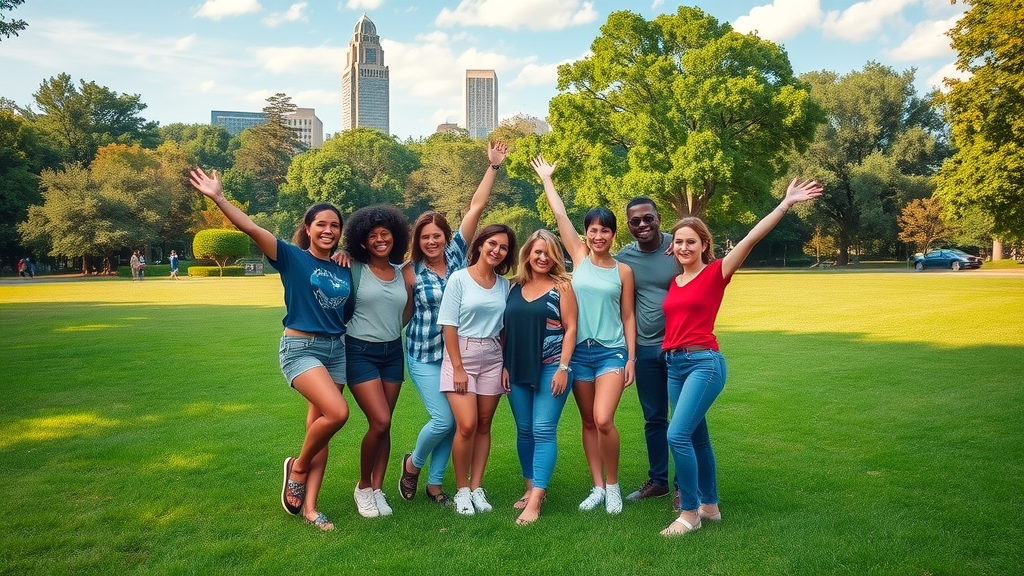 Joyful friends posing at instagrammable spot in Piedmont Park with Atlanta skyline, green space and scenic views
