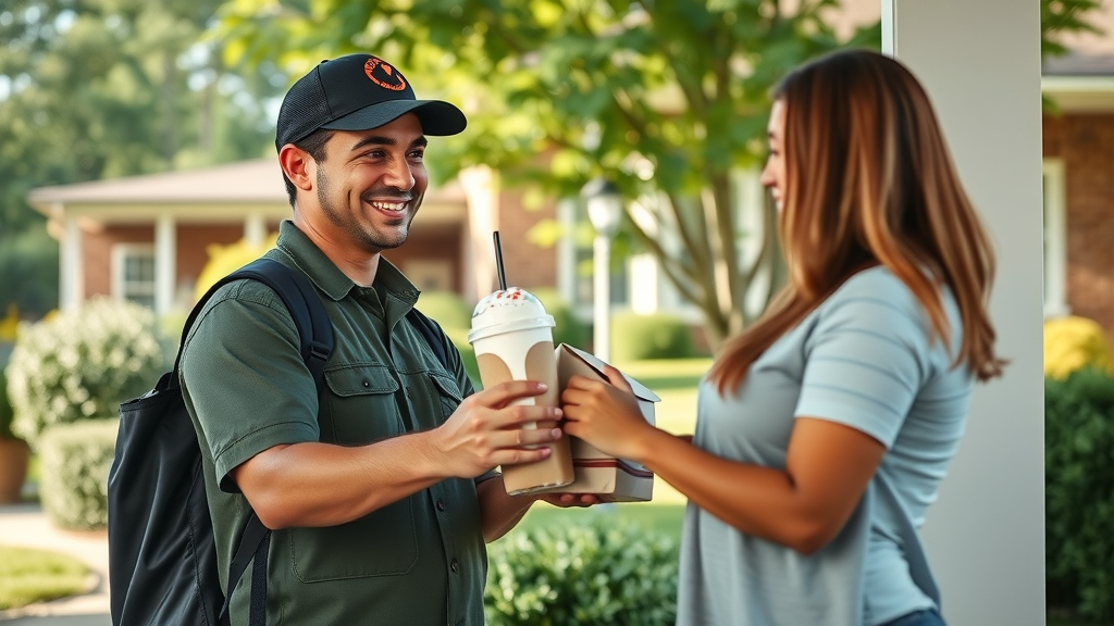 Milkshake delivery in Atlanta with friendly driver handing securely packaged shake to happy customer at doorstep