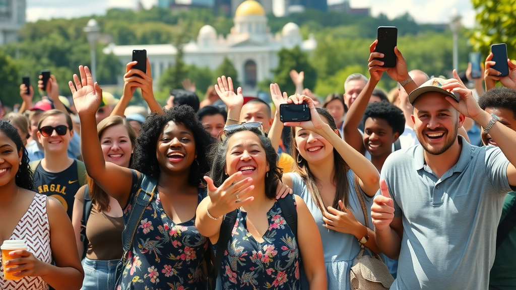 welcoming multicultural crowd enjoying landmark Atlanta attraction, smiling and taking photos, lush greenery, cultural magnet in the United States