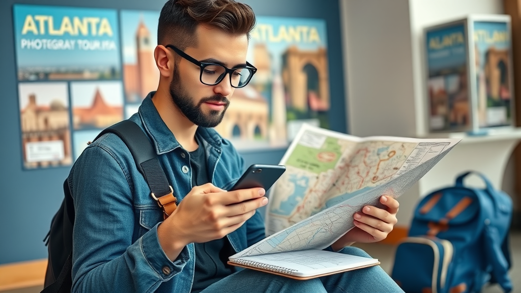 Travel blogger planning Instagram photo tour of spots in Atlanta on map and smartphone