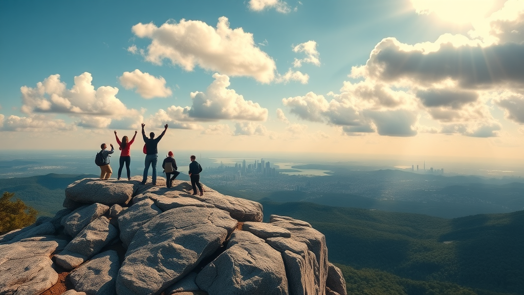 Hikers at Stone Mountain Park summit with panoramic view of Atlanta skyline