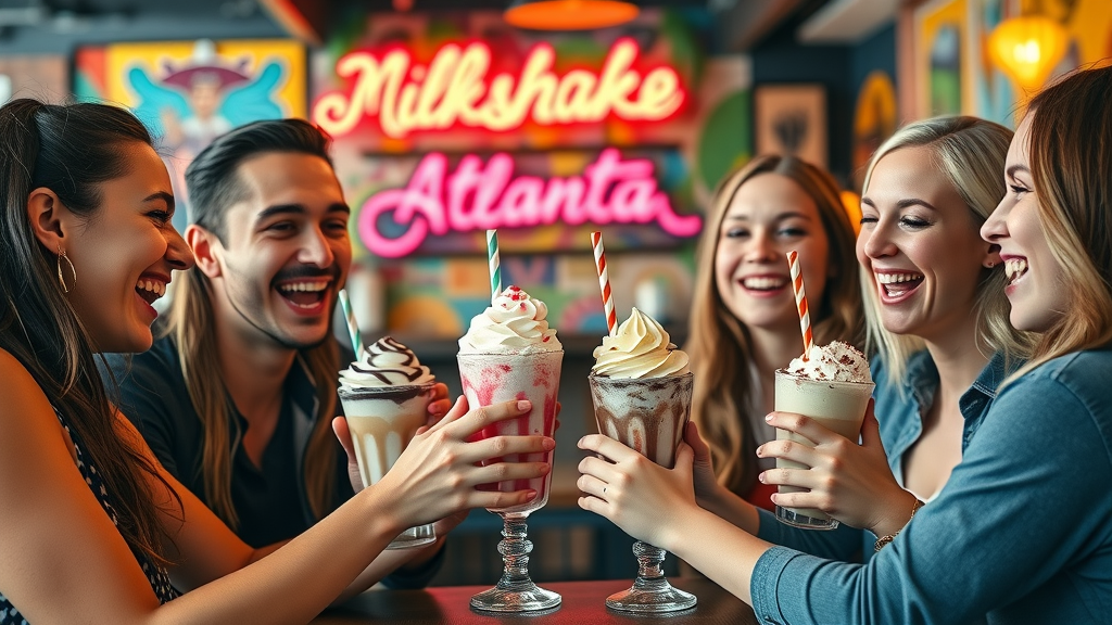 Best milkskake in Atlanta, GA busy dessert cafe with friends laughing and enjoying colorful milkshakes, vibrant urban setting