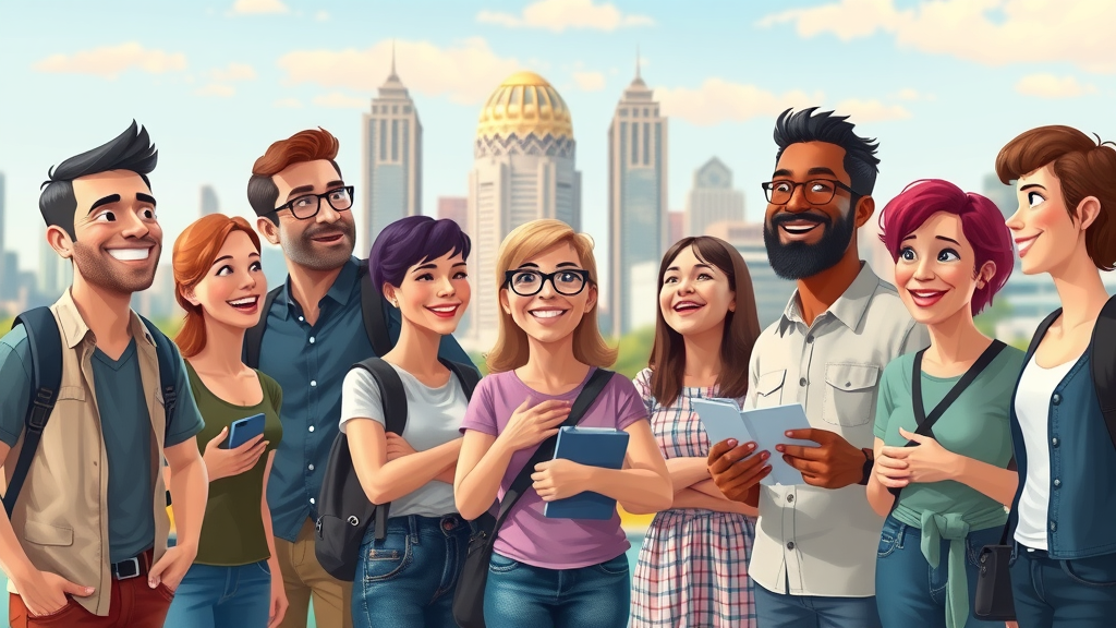inspired group of travelers and locals giving testimonials at a famous Atlanta landmark