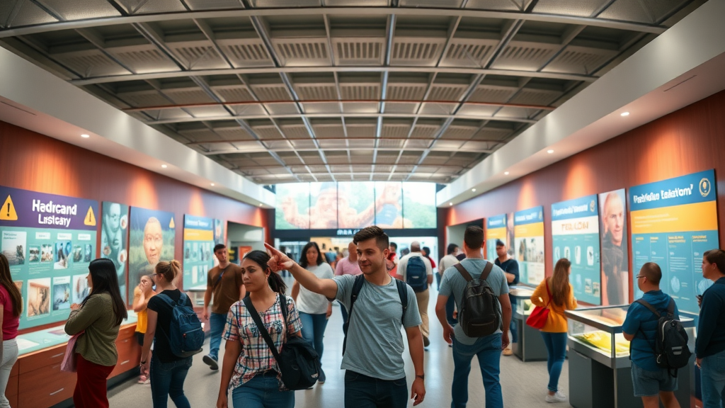 panoramic view of iconic Atlanta attraction’s must-see exhibits and activities, happy visitors exploring interactive displays and museum halls