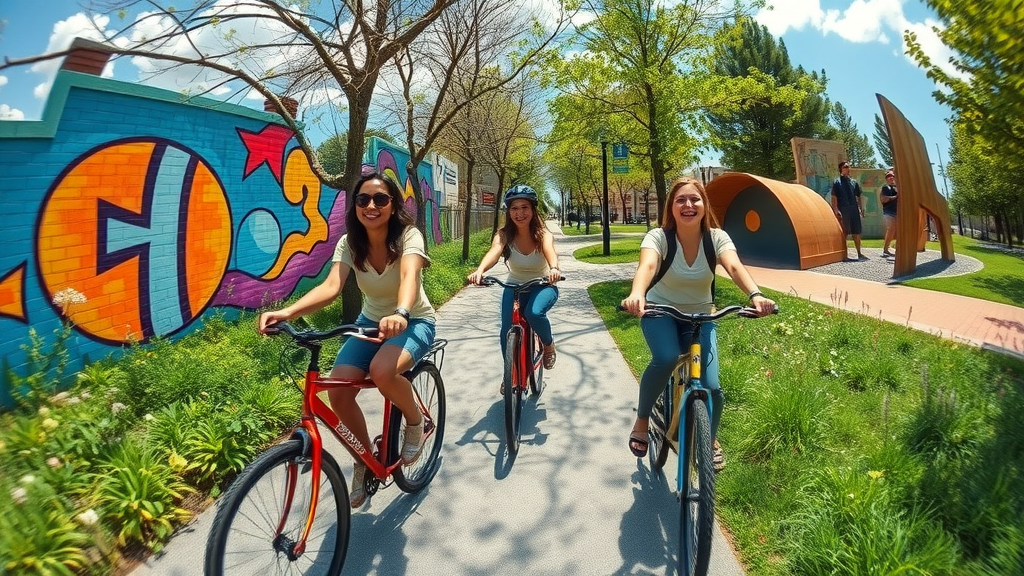 Friends biking along Atlanta BeltLine, vibrant art and murals, lively urban trails in Atlanta