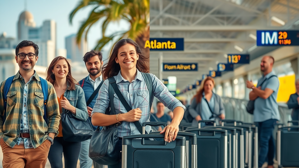juxtaposition of travelers in relaxed Atlanta landmark setting and busy international airport, highlighting the contrast in visitor experience