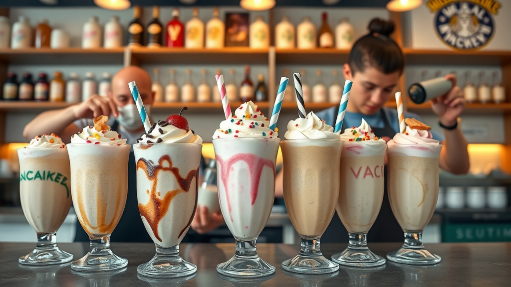 Milkshake bar Atlanta with gourmet trendy milkshakes, colorful playful toppings, baristas decorating shakes