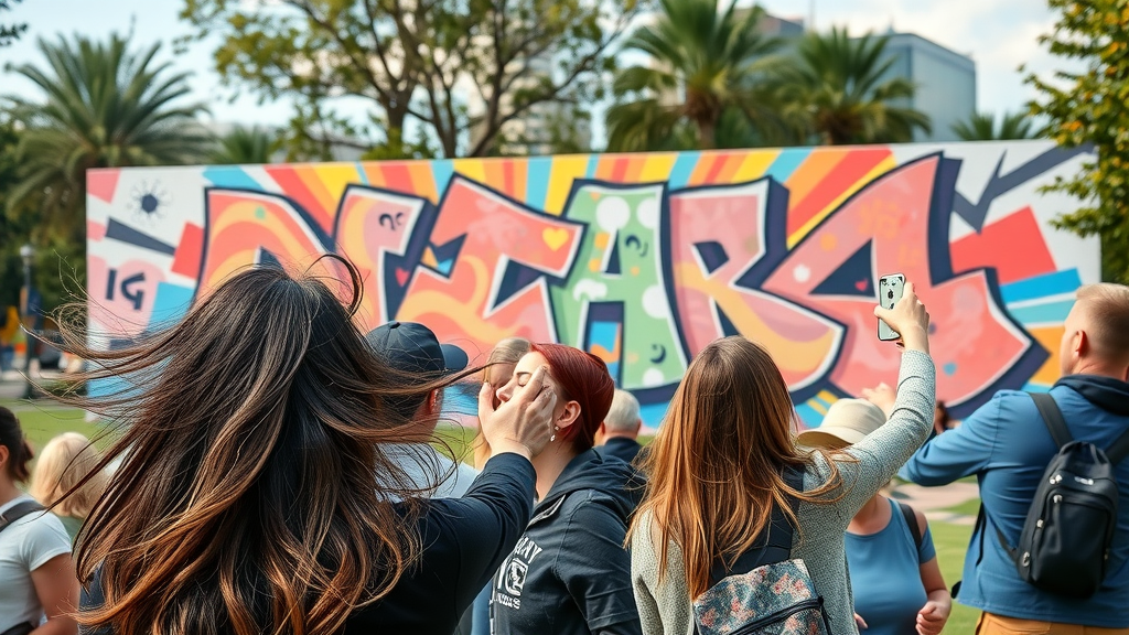 Dynamic street art mural in Fourth Ward Park, locals and guests taking selfies with vibrant art