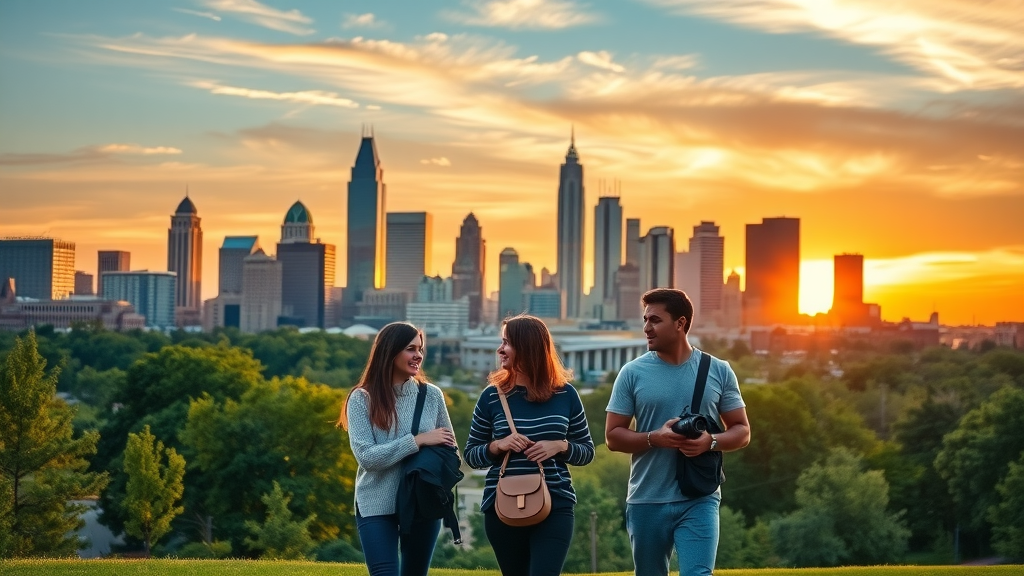 vivid Atlanta cityscape at sunset, locals leading guests past iconic landmarks and lush green spaces, golden hour