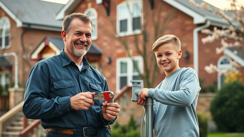 Family plumbing business in Covington team in front of home, friendly and trustworthy