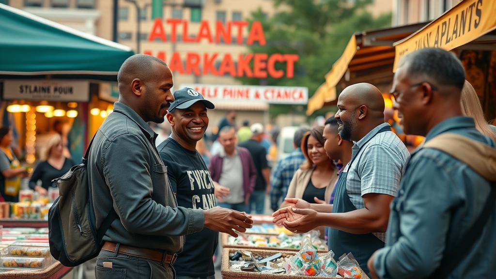 bustling Atlanta marketplace near landmark with business owners, workers, and engaged visitors, showcasing economic impact