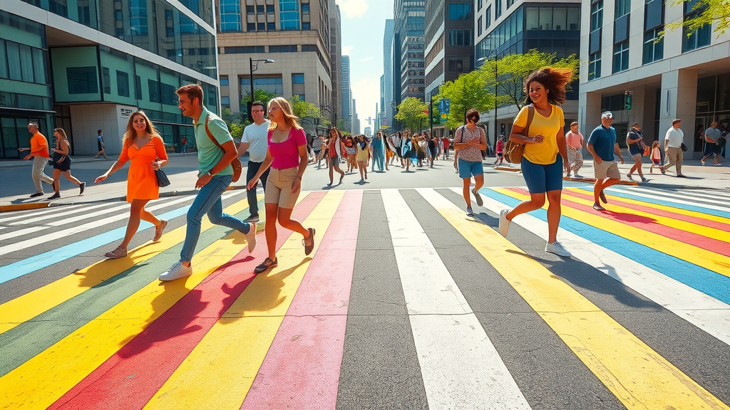 Vivid Rainbow Crosswalk, top instagrammable spot in Atlanta, with bright colors and urban cityscape