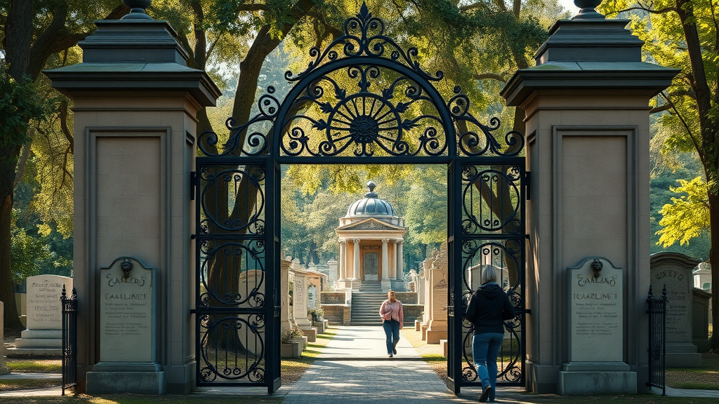 Elegant historic Oakland Cemetery gates with intricate ironwork; hidden gem in Atlanta