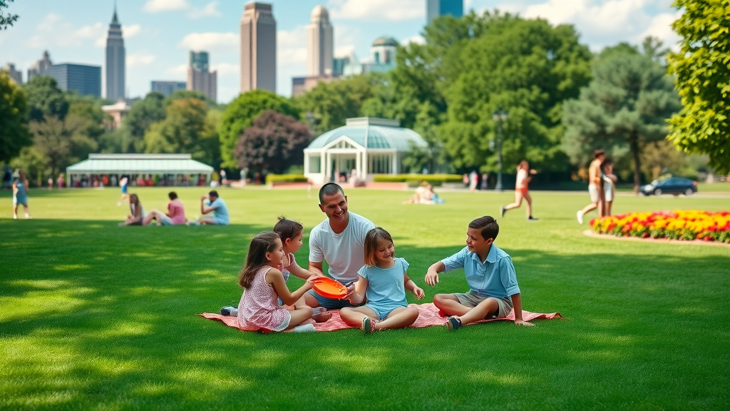 lush Piedmont Park, Atlanta skyline in background, families picnicking and kids playing