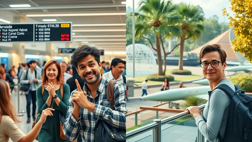 dynamic split-screen of a crowded airport terminal and a popular Atlanta tourist attraction, comparing passenger traffic and tourist trends