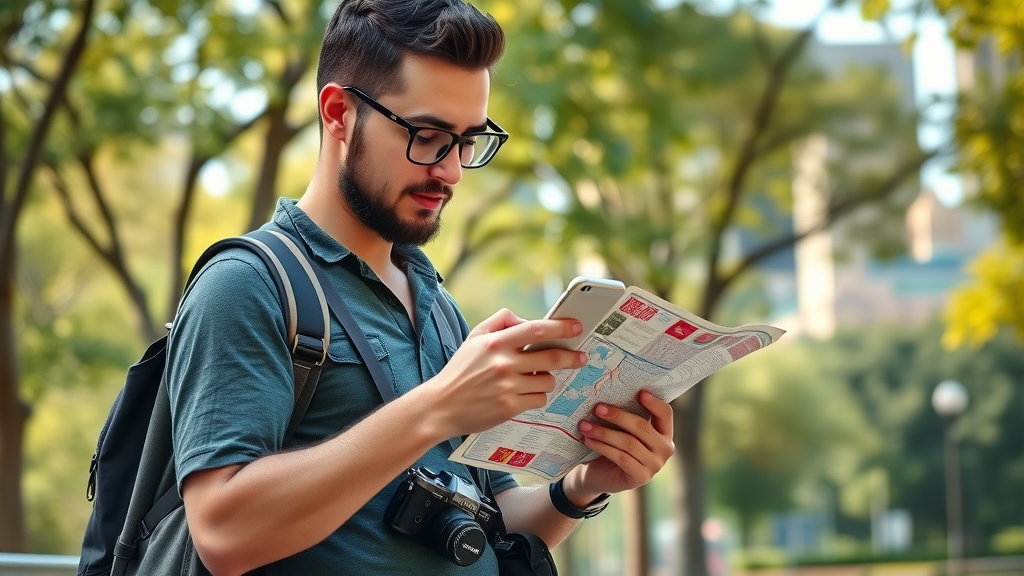 Well-prepared tourist in Atlanta exploring hidden gems with map and city park in background