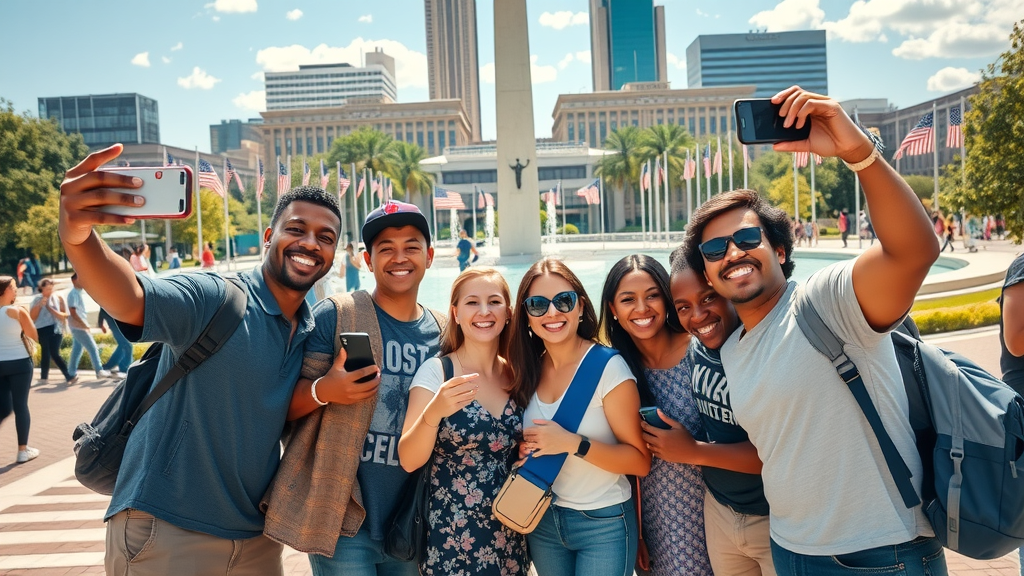 joyful multicultural families at famous Atlanta landmark reflecting American culture