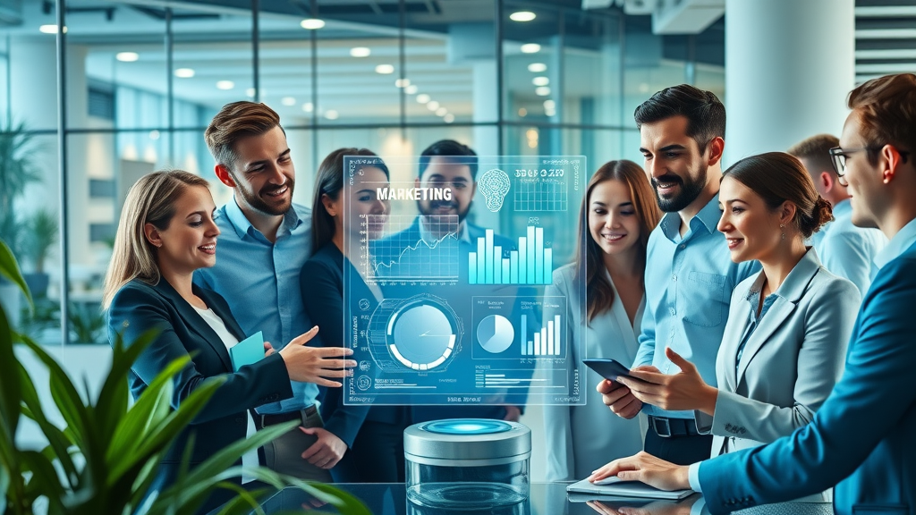 Diverse team using AI marketing tools around holographic dashboard in a modern office