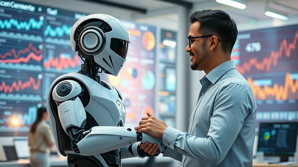 AI robot and business owner agree on marketing strategy using AI marketing solutions