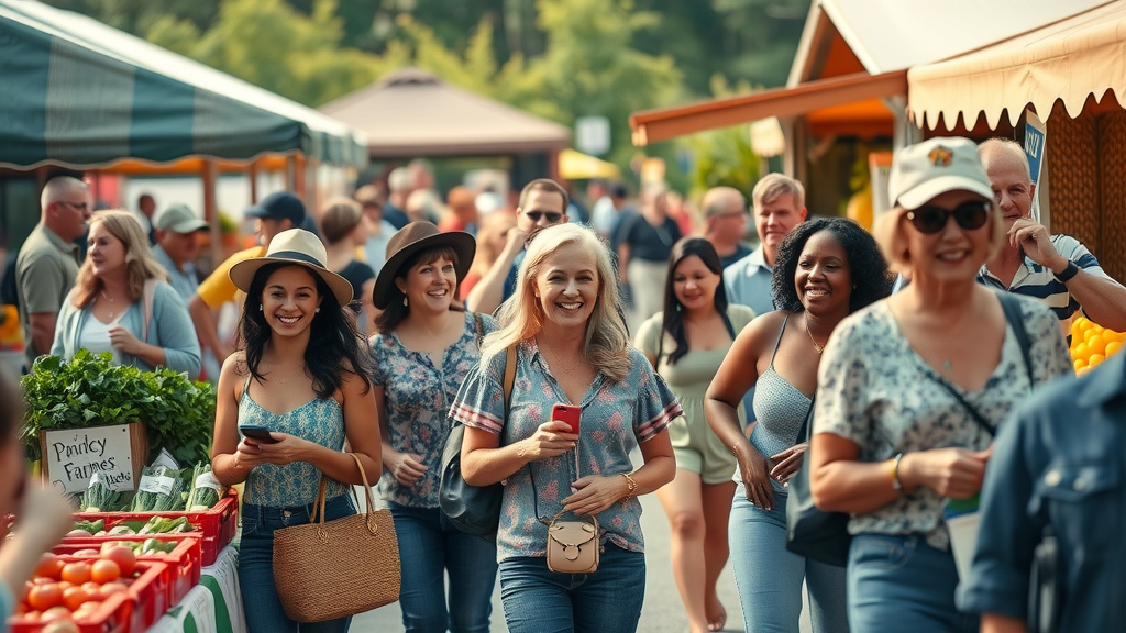 Bustling Atlanta farmers market scene with smiling, diverse visitors, local farmers interacting, and vibrant market stands at a weekend farmers market in Atlanta