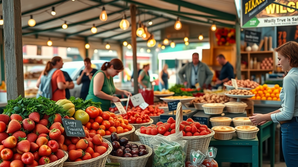 Seasonal produce at Atlanta farmers market, including strawberries, tomatoes, and pies, displayed by inviting vendors under string lights