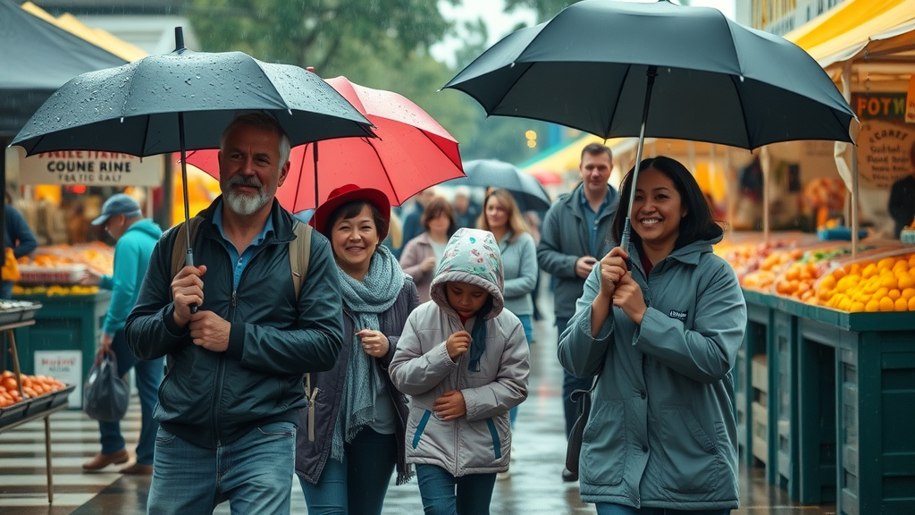 Families and shoppers at Atlanta farmers market with colorful umbrellas and raincoats, cheerful despite a light rain, browsing vibrant produce stalls