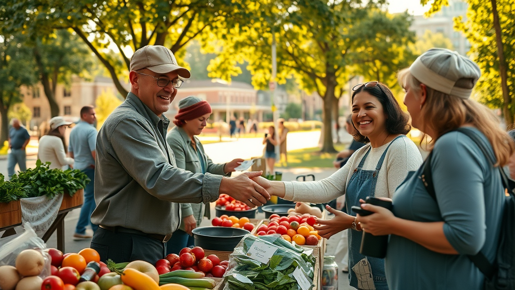 Atlanta farmers and families shaking hands and exchanging produce at a sunny community farmers market, warmhearted and friendly scene