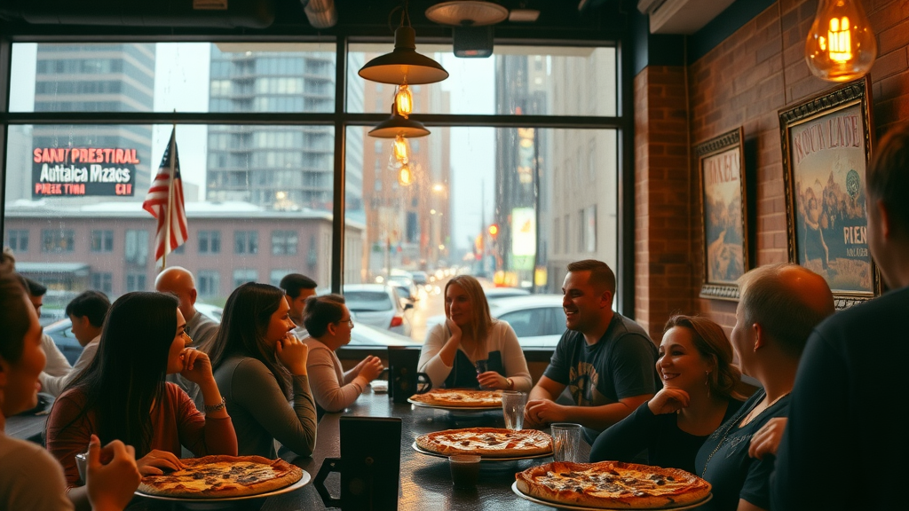 Cozy Atlanta pizzeria interior on a rainy day with groups enjoying pizza, rain-streaked windows, warm lighting, and visible melted cheese on pizzas.