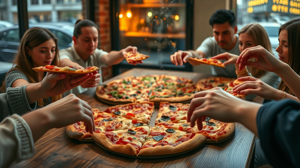 Delicious hot pizza slices on a rustic table, diverse group reaching for slices, with rain-soaked window in background, lively urban Atlanta pizza scene.