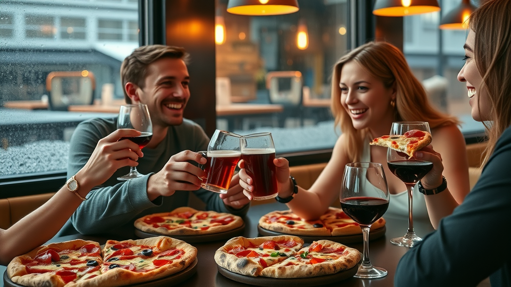 Elegant pizza and drink pairing in Atlanta, adults toasting with craft beer and wine, visible artisan pizzas, stylish interior with rain on windows.